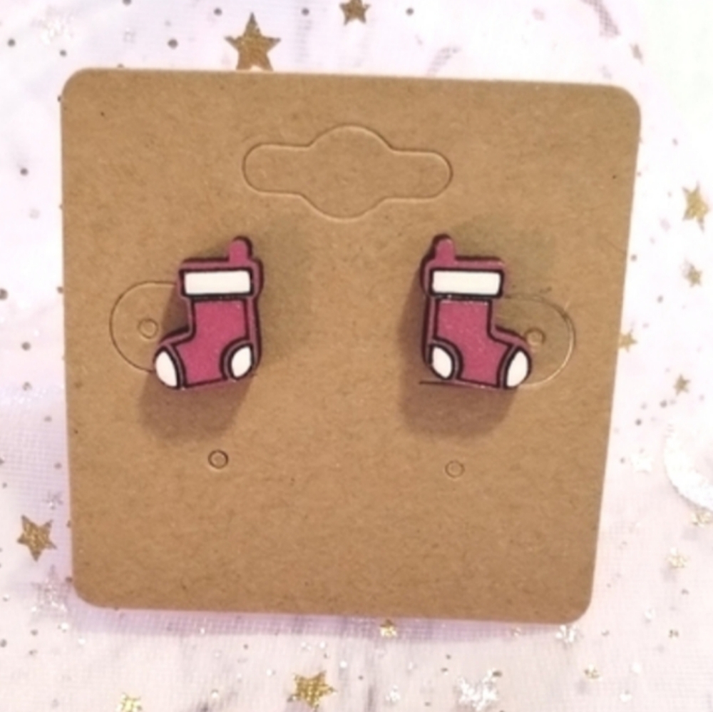 🩷Pink Stocking Wood Stud Earrings Handmade in the USA Gifts Stuffers Uni